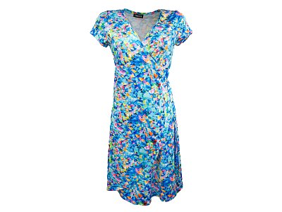 Modré zavinovací šaty s barevným tiskem - vel.38