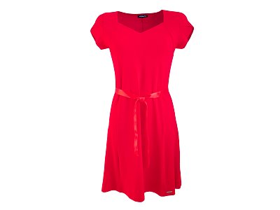 Červené šaty s ozdobným skládaným rukávem - vel.42
