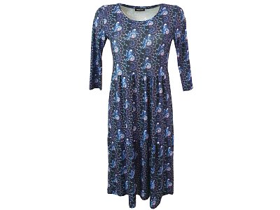 Modré kaskádové šaty s tiskem - vel.38